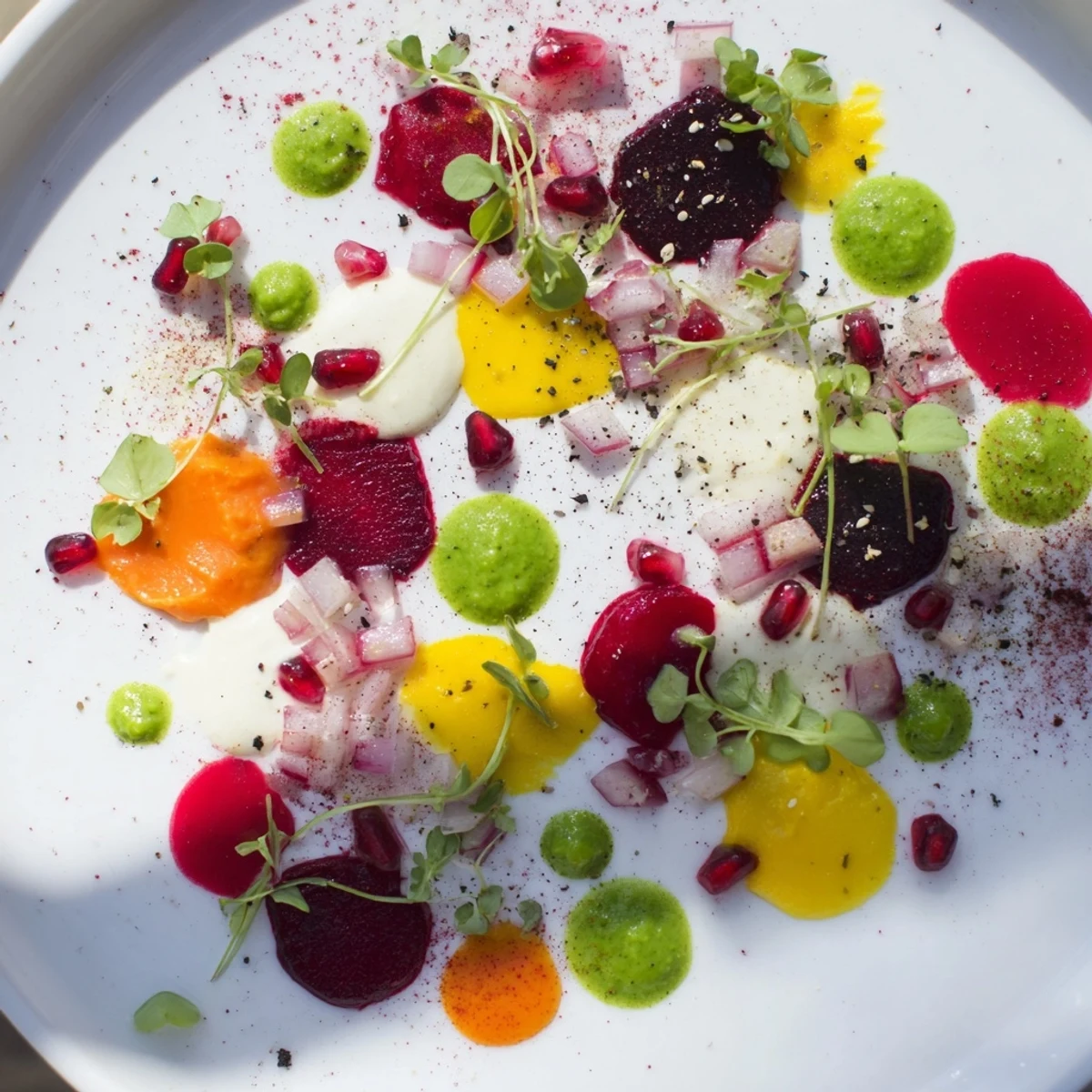 Freshly plated Pointillism Dot Matrix appetizers offer a stunning display of vegetable purees and accents.