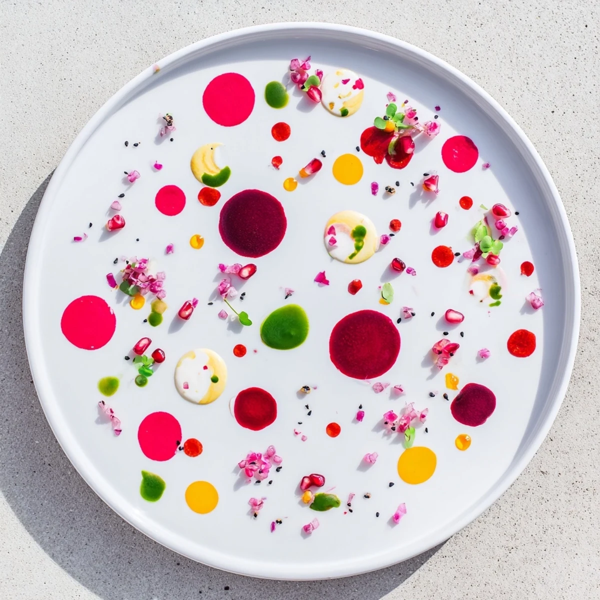 A beautiful serving of the Pointillism Dot Matrix: artistic dots of flavors and vibrant garnishes.