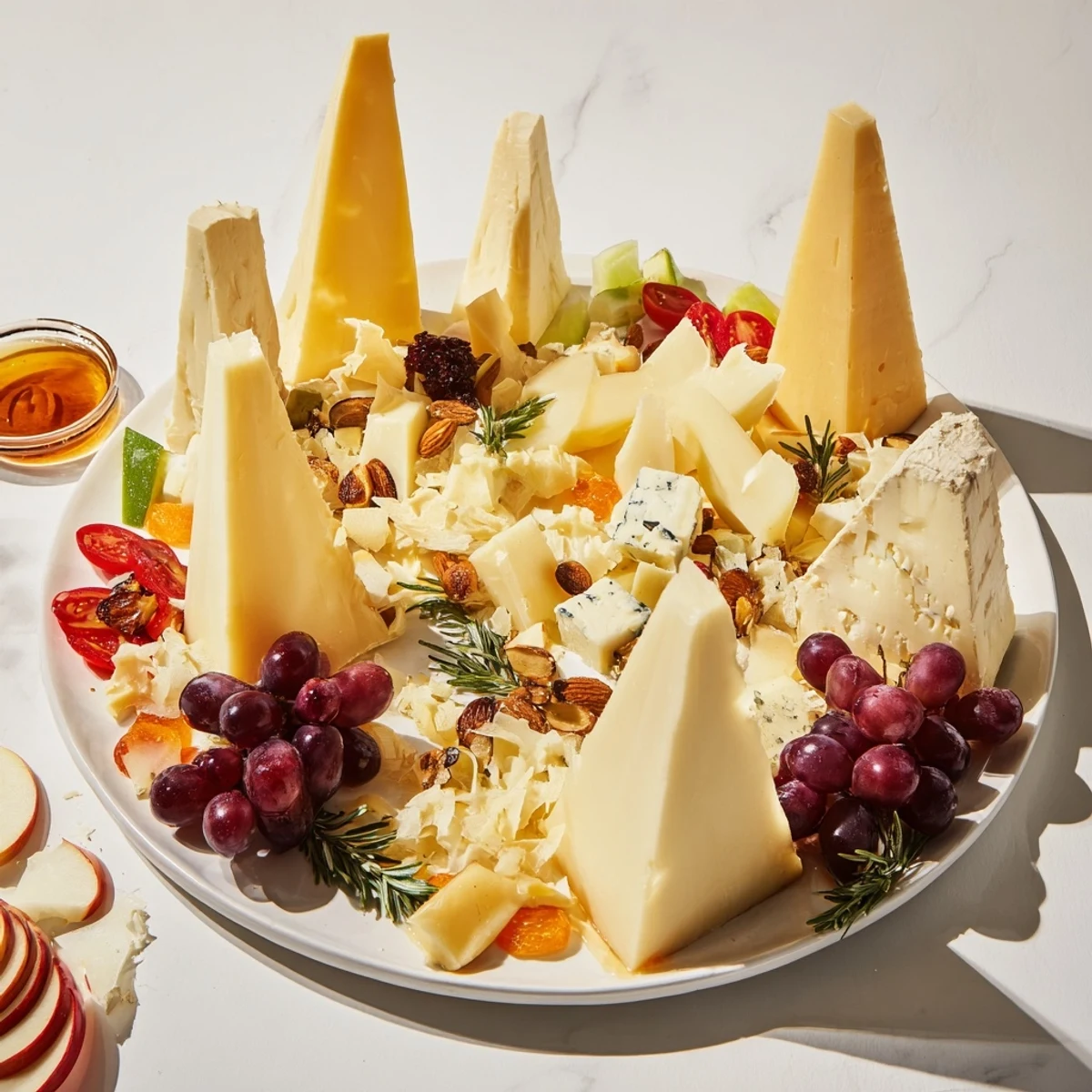 Dramatic sculptural cheese landscape with aged cheeses and colorful fruits for serving guests.