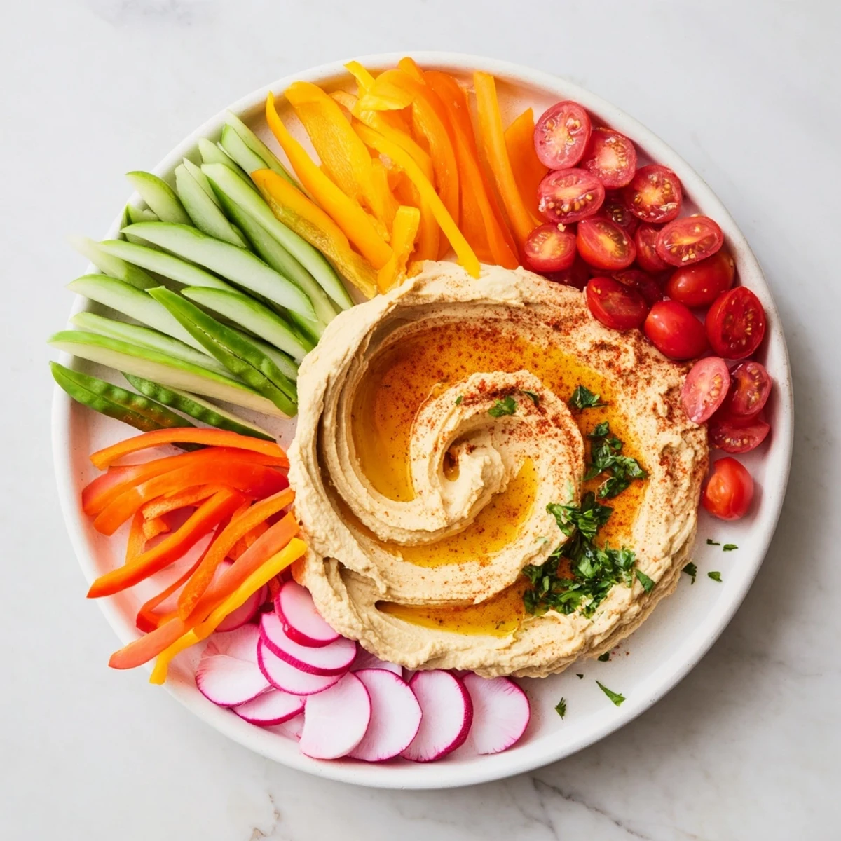 Vibrant River Delta Flow appetizer with colorful raw veggies converging into creamy hummus river.