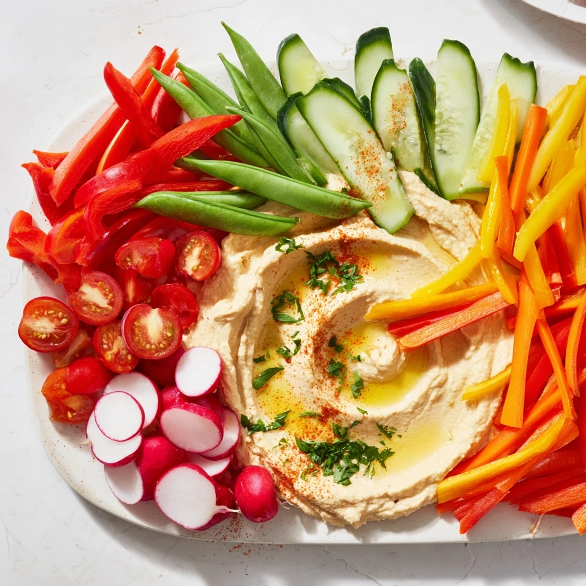 Picture a delicious River Delta Flow: an artistic arrangement of fresh vegetables around creamy dip.