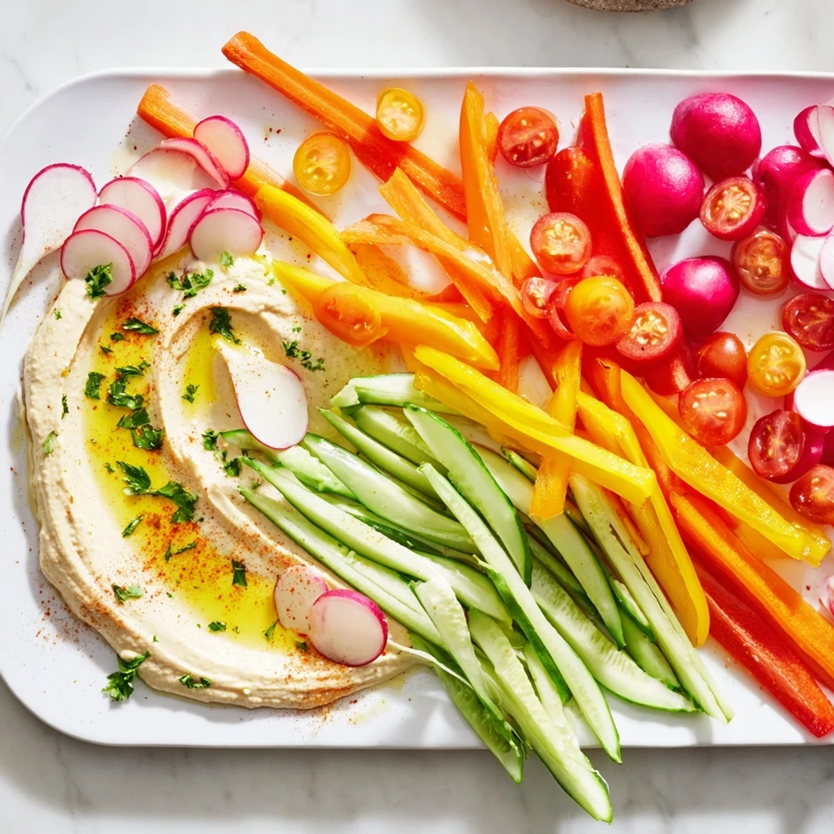 This River Delta Flow appetizer looks stunning with its array of colorful vegetables and flavorful dips.