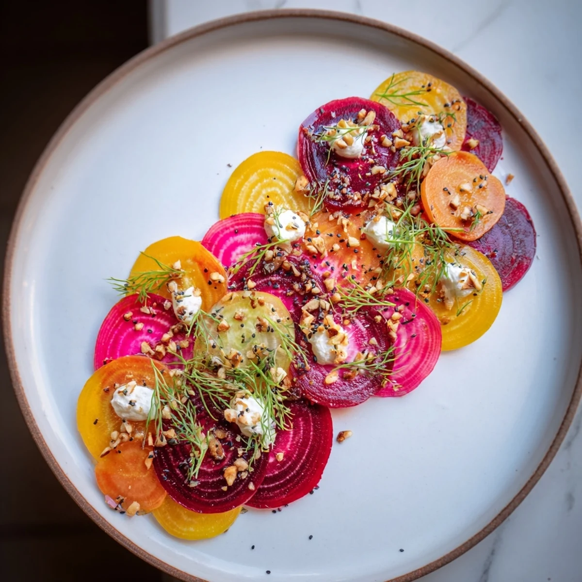 The Kinetic Motion Blur appetizer, vibrant vegetable slices with creamy goat cheese, looks stunning.