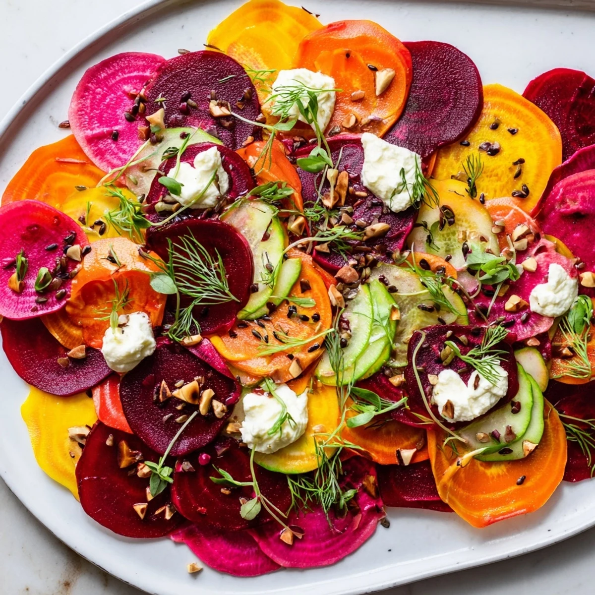 A close-up of The Kinetic Motion Blur, showing the beautiful arrangement of colorful vegetables and herbs.