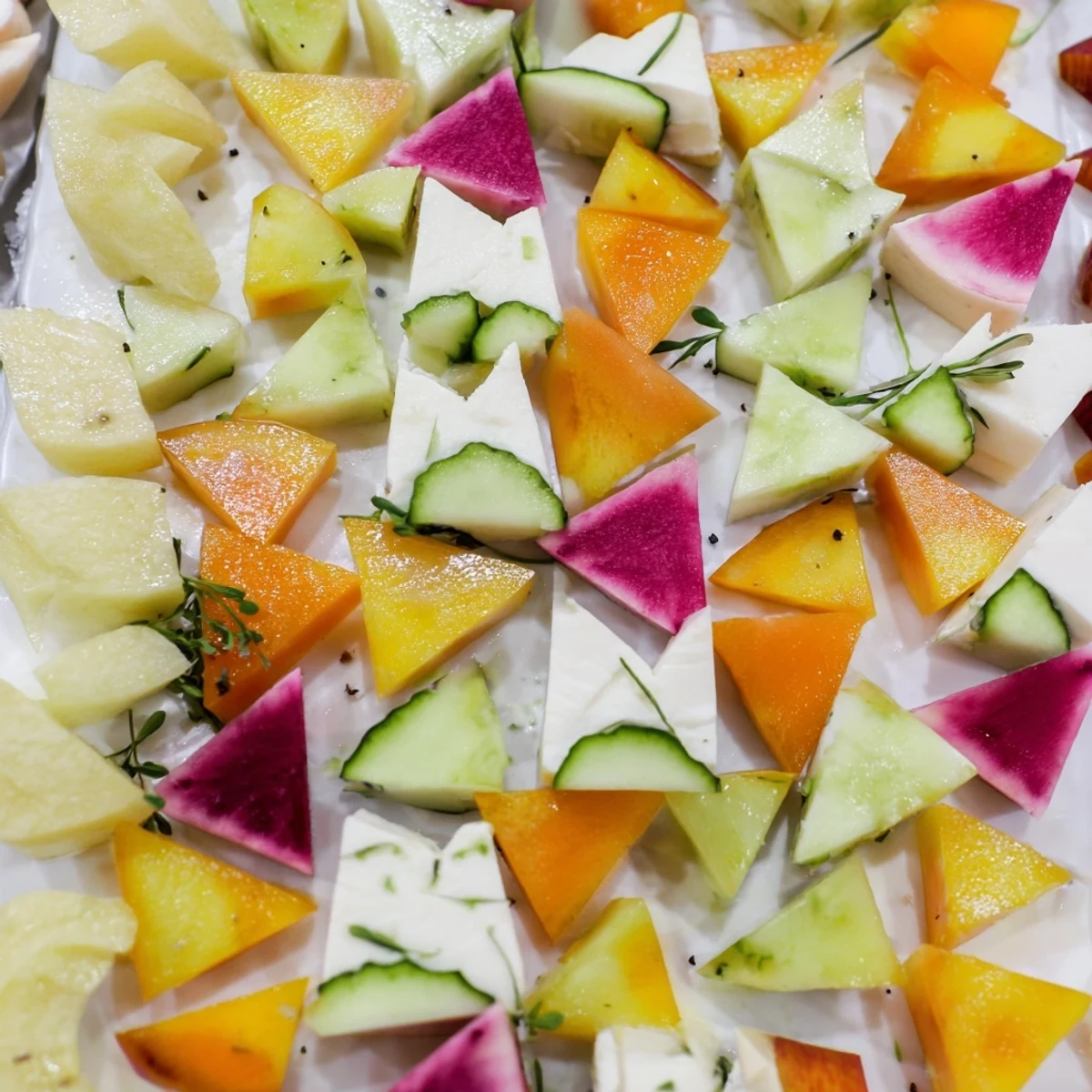 Artfully plated The Cubist Deconstruction offering a medley of fresh, vibrant vegetables and creamy feta cheese.