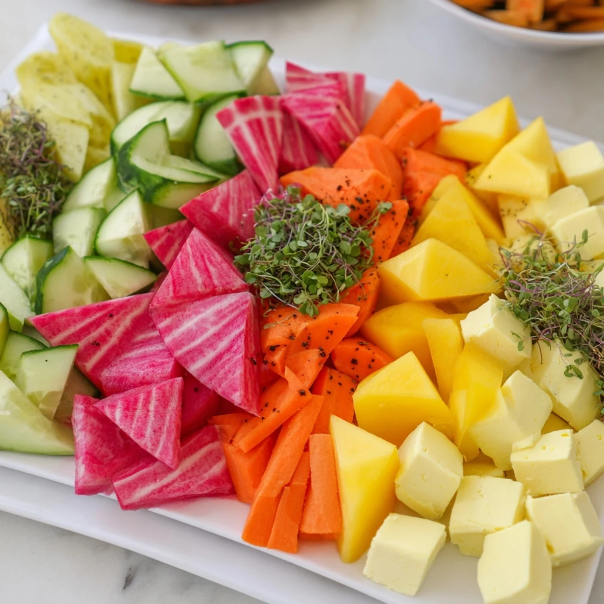 Vibrant The Cubist Deconstruction appetizer, colorful geometric shapes arranged on a platter, ready to be enjoyed.