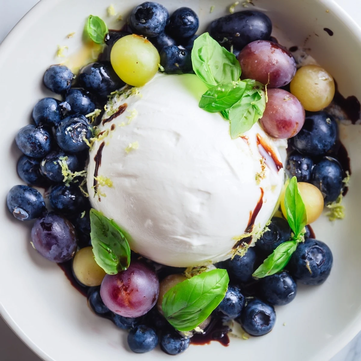 A Moonlit Lagoon salad with juicy grapes, creamy burrata, and fresh basil, a vibrant appetizer.