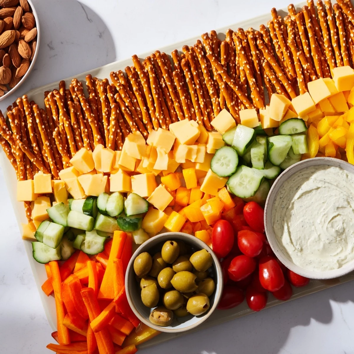 Vibrant city-inspired Urban Grid snack platter featuring colorful cheeses, meats, and veggies, ready to enjoy.