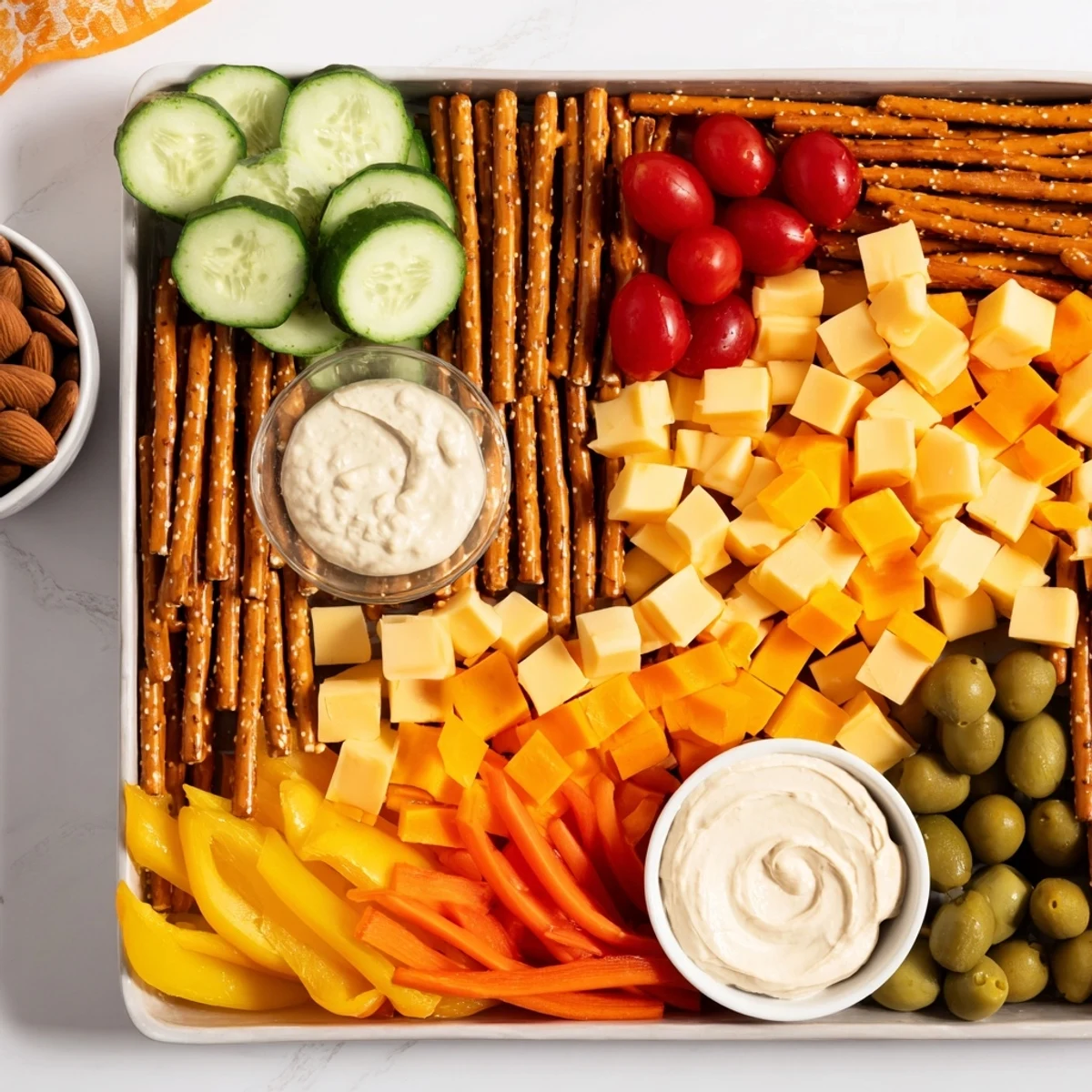Guests assembling their own Urban Grid snack platter: pretzel streets divide cheese, meats, and colorful vegetables.