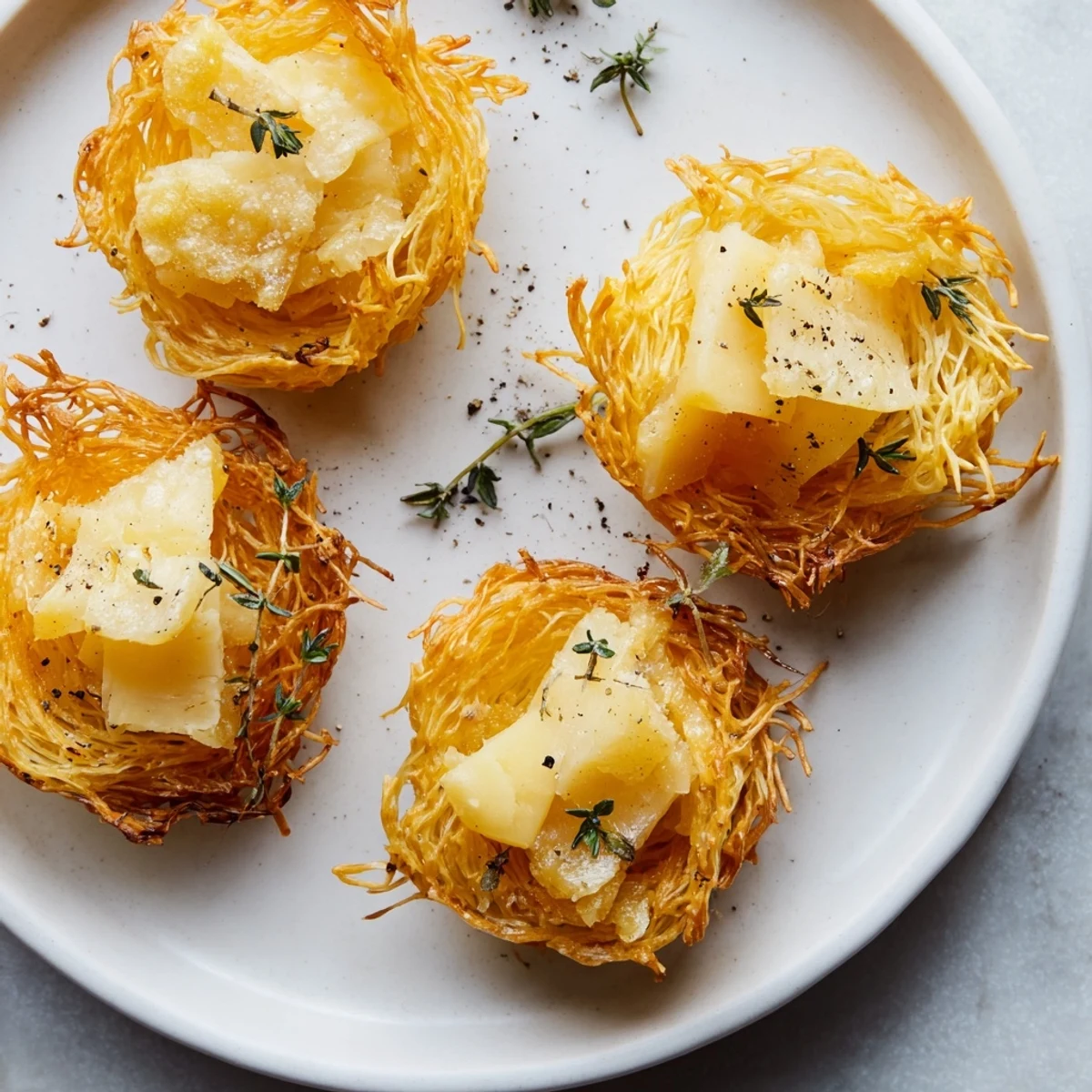 Golden, airy phyllo nests hold rustic farmhouse cheeses in this The Rustic Barnyard appetizer.