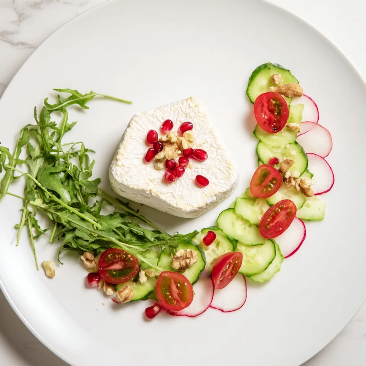 A beautifully constructed Zenith Point Salad with a creamy artisanal cheese centerpiece and fresh greens.