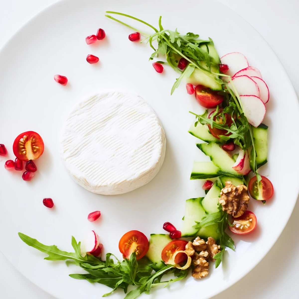 Vibrant Zenith Point Salad featuring colorful tomatoes, radish, and walnuts, artfully arranged around a cheese wheel.
