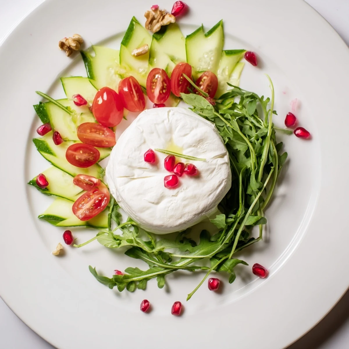 Savory Zenith Point Salad, ready to serve, with a cheese wheel focal point and drizzled with a light vinaigrette.