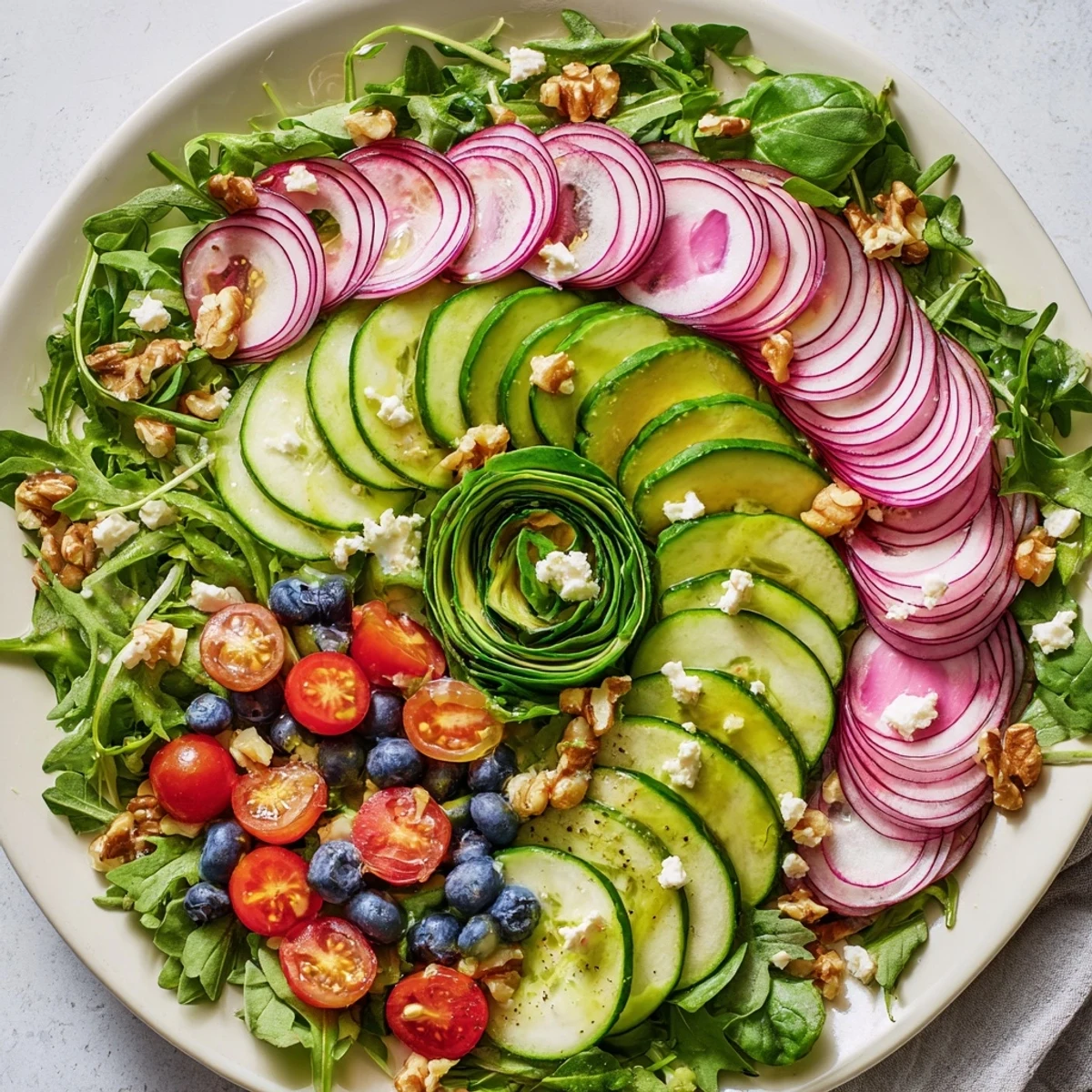 The Fibonacci Fan Salad, with vibrant colors arranged spirally on a platter for serving.
