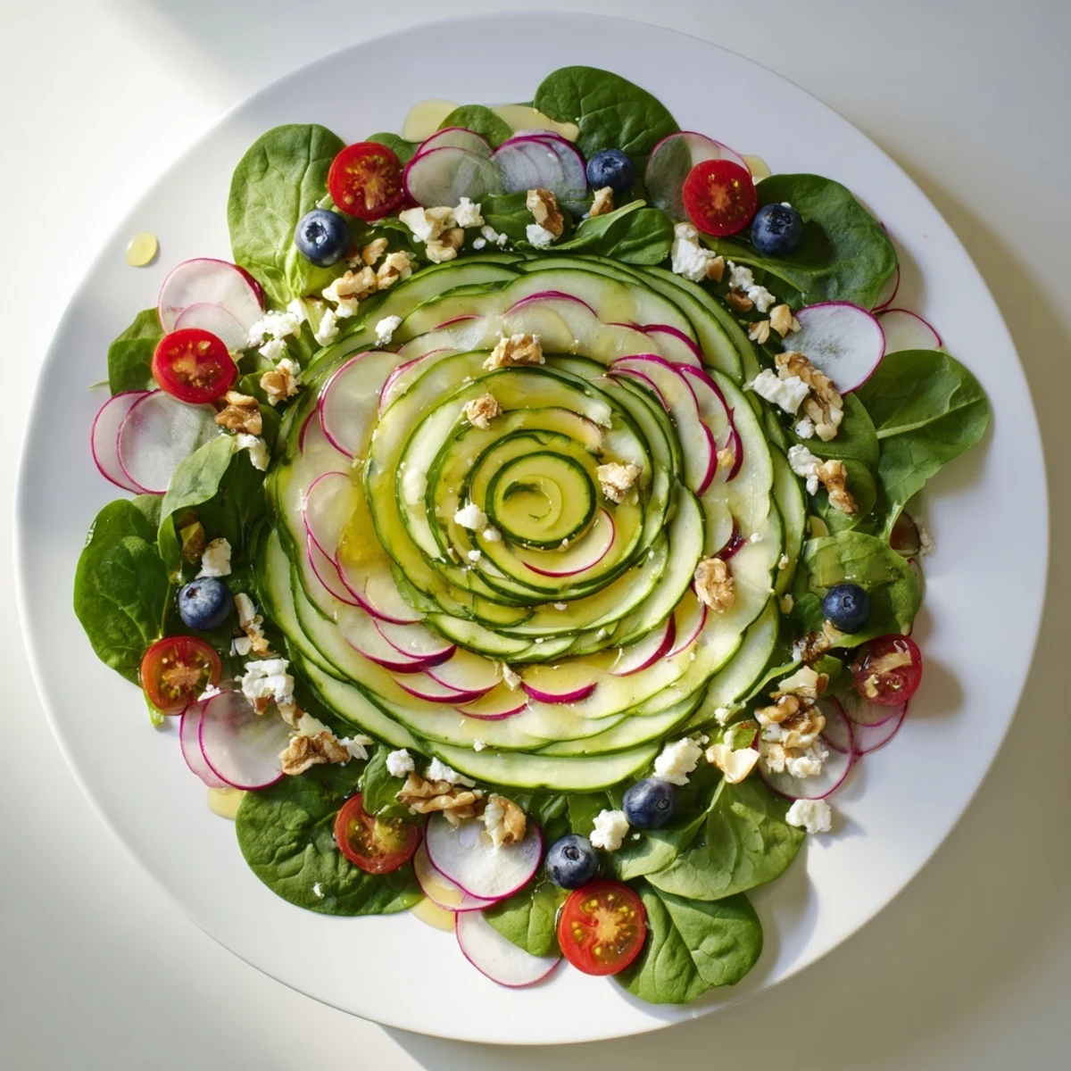 Fresh, beautiful Fibonacci Fan Salad, showing a visually striking presentation with crisp greens and berries.