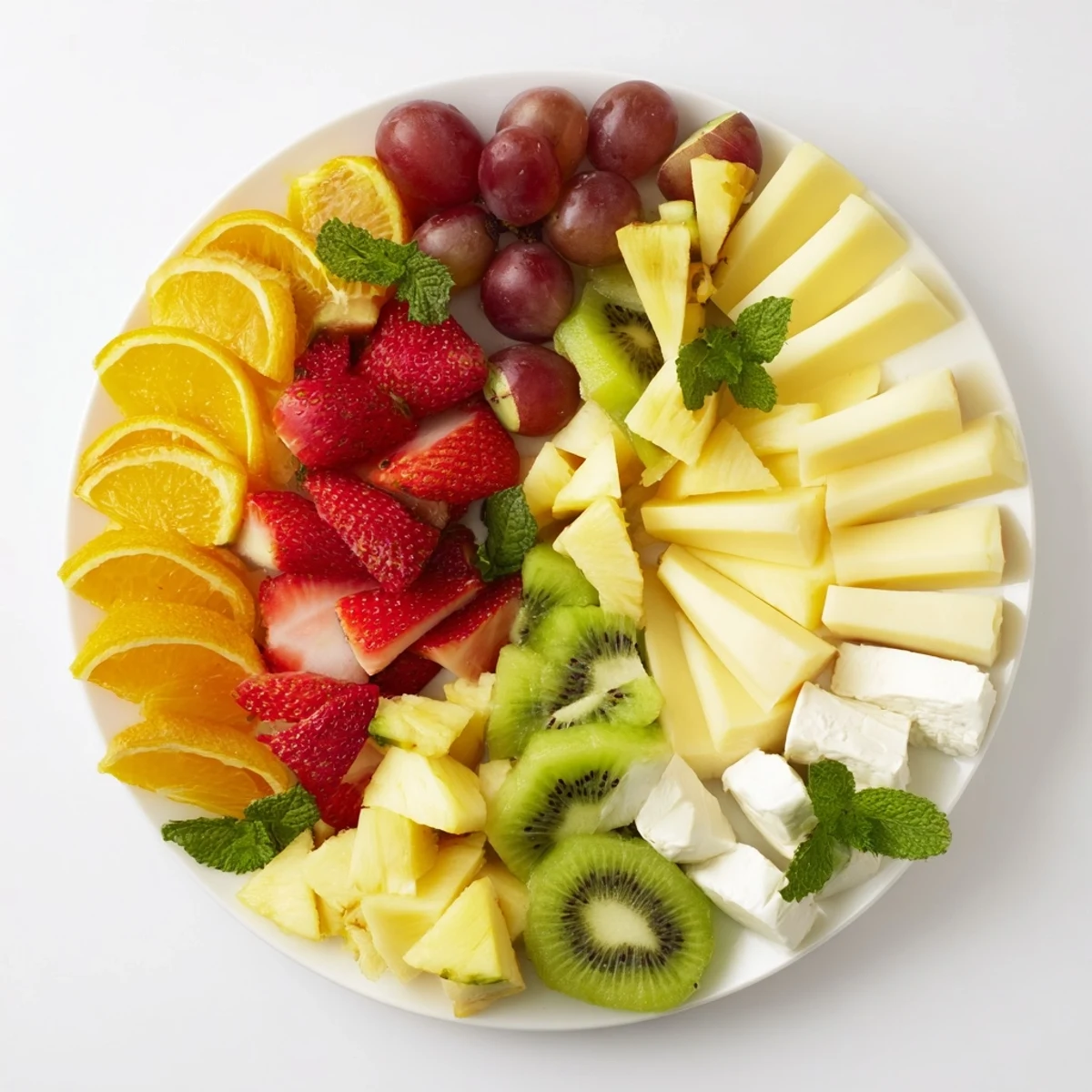 Kaleidoscope Circle: A vibrant fruit and cheese platter arranged in a colorful, eye-catching circular pattern.