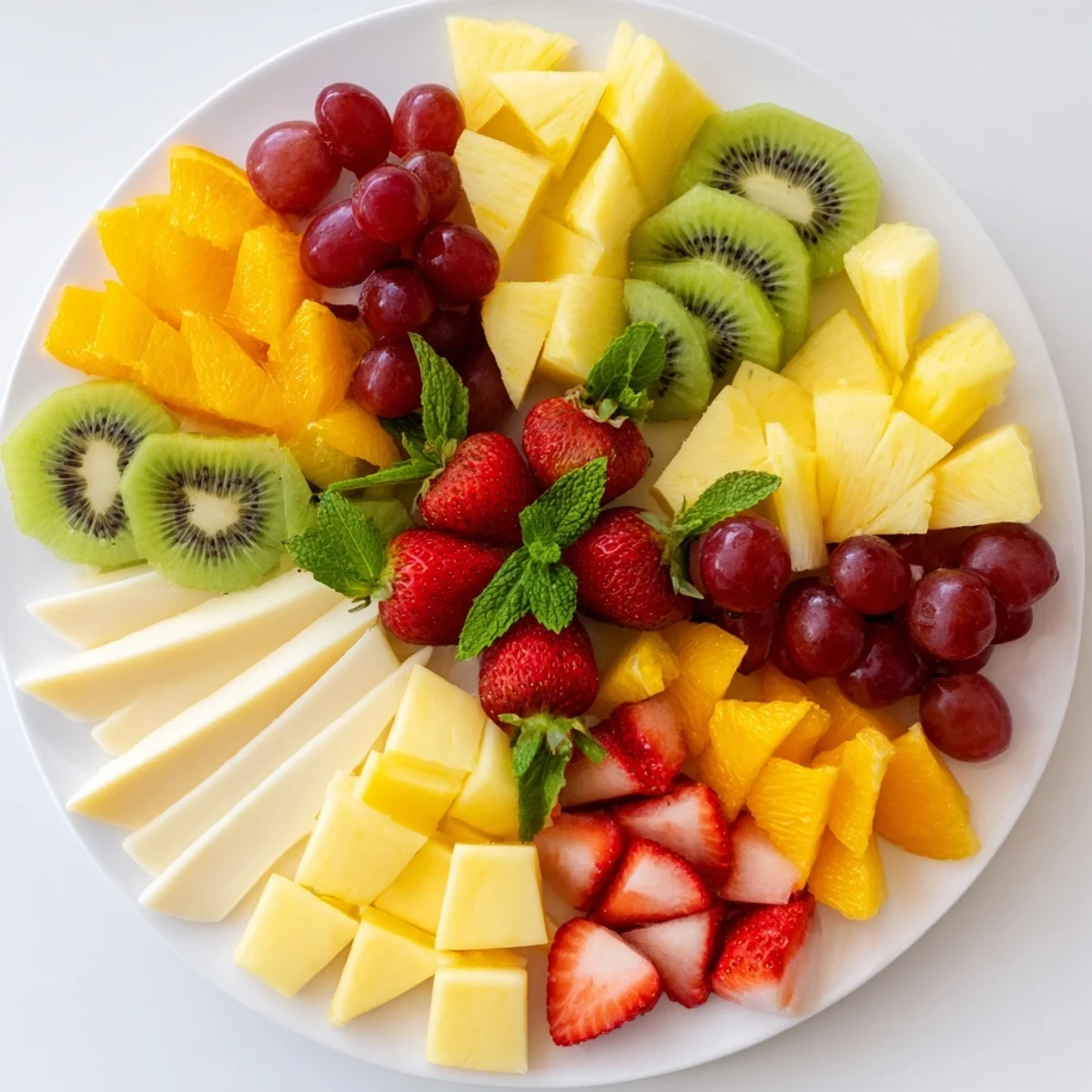 The Kaleidoscope Circle recipe displays a beautifully assembled appetizer tray with fresh fruits, assorted cheeses.