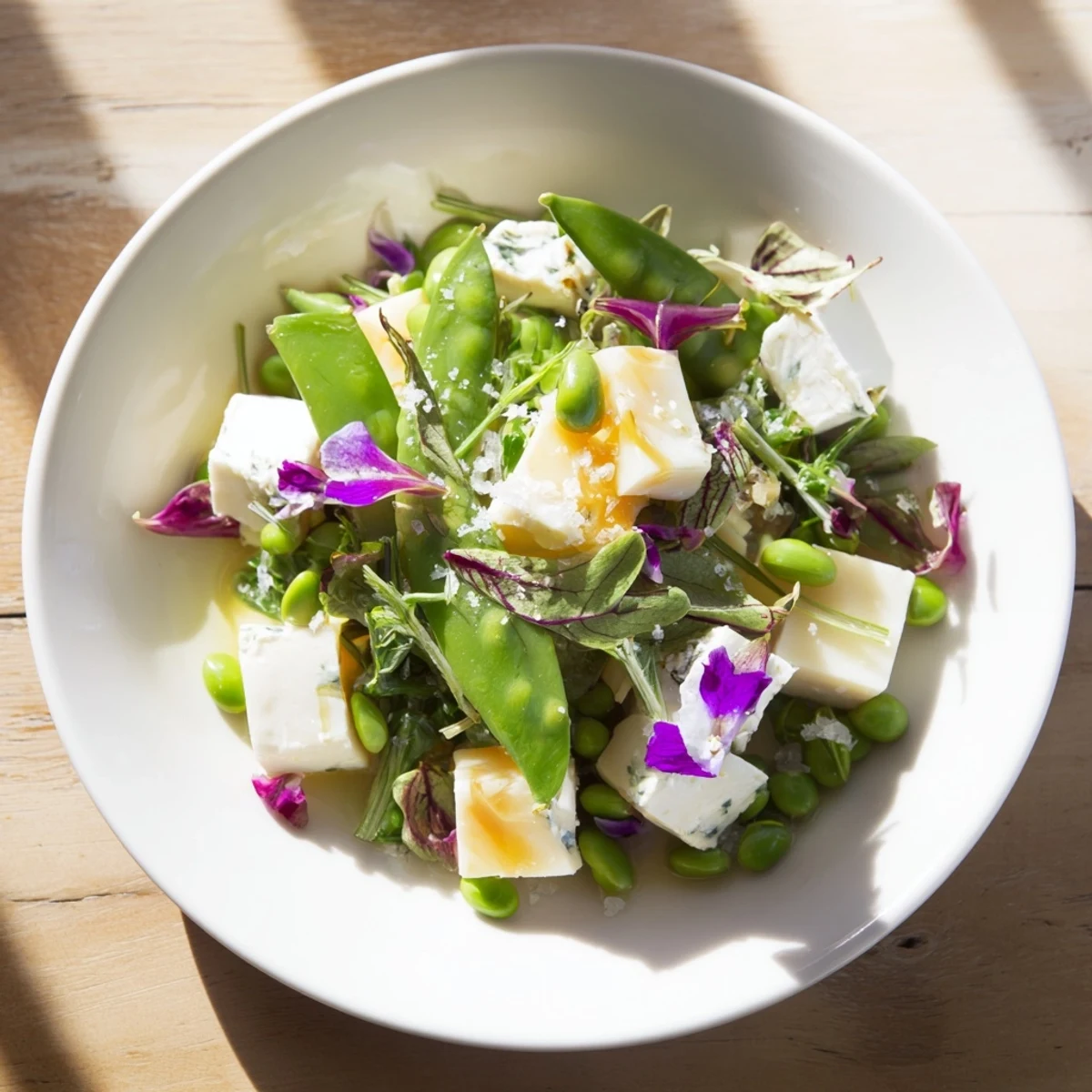 A vibrant overhead shot of The Secret Garden appetizer, showcasing colorful edible flowers and cheese.