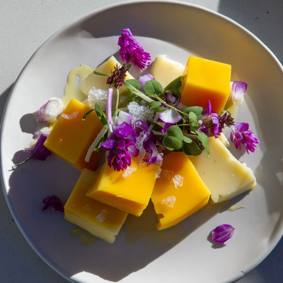 The Secret Garden appetizer features hidden cheese cubes nestled beneath a bed of colorful edible blooms.