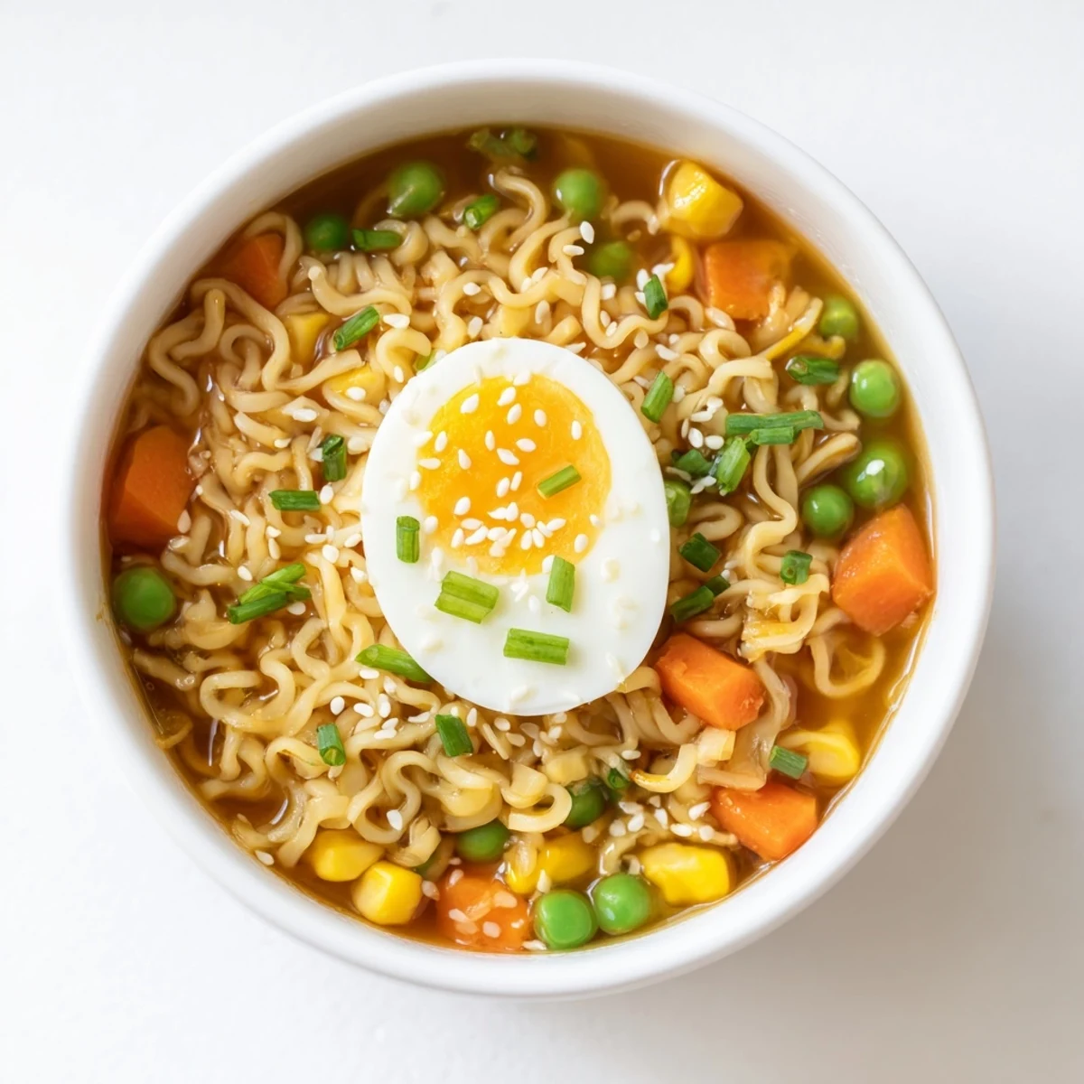 Steaming bowl of Ramen Upgrade with Frozen Peas, garnished with sliced green onions and sesame seeds.