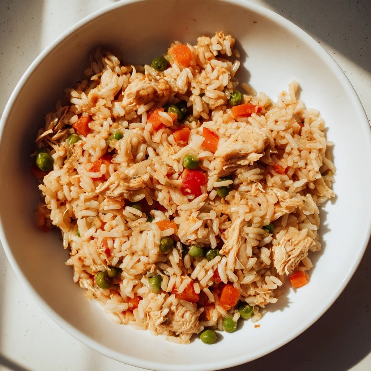 Golden-hued one-pot chicken and rice, packed with diced vegetables, perfect for a quick, flavorful weeknight dinner.