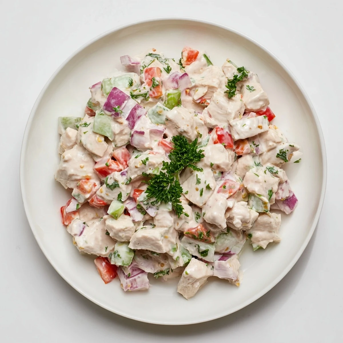 Freshly made canned chicken salad with Mrs. Dash, featuring crunchy veggies and zesty lemon dressing.