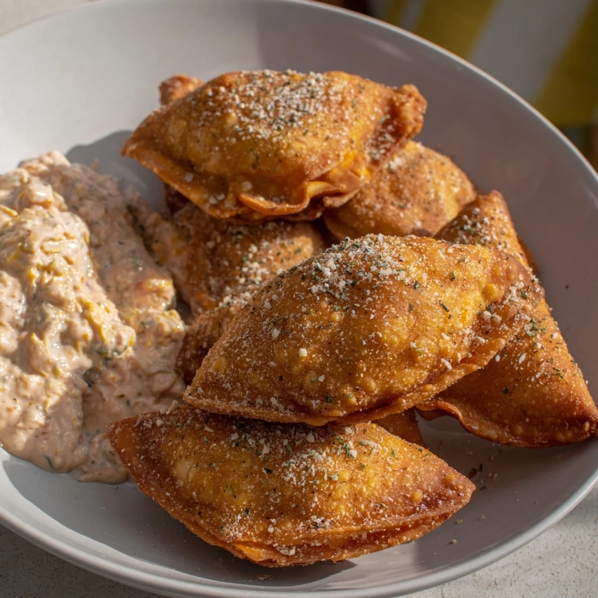Golden-brown Air Fryer Lumpia Chips, crispy and perfect for scooping up the creamy chicken dip.