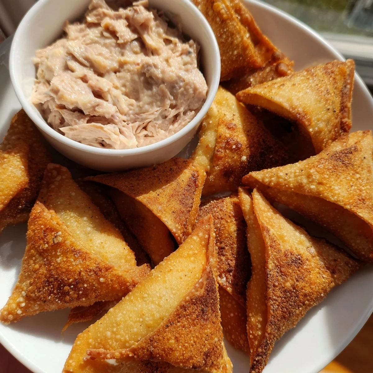 Enjoy these flavorful, homemade Air Fryer Lumpia Chips served warm with the savory chicken dip.
