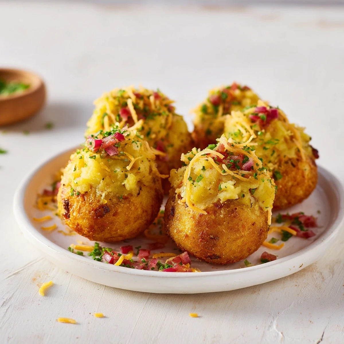 Enjoy a plate of perfectly fried potato and chicken cakes garnished with fresh parsley, a savory treat.
