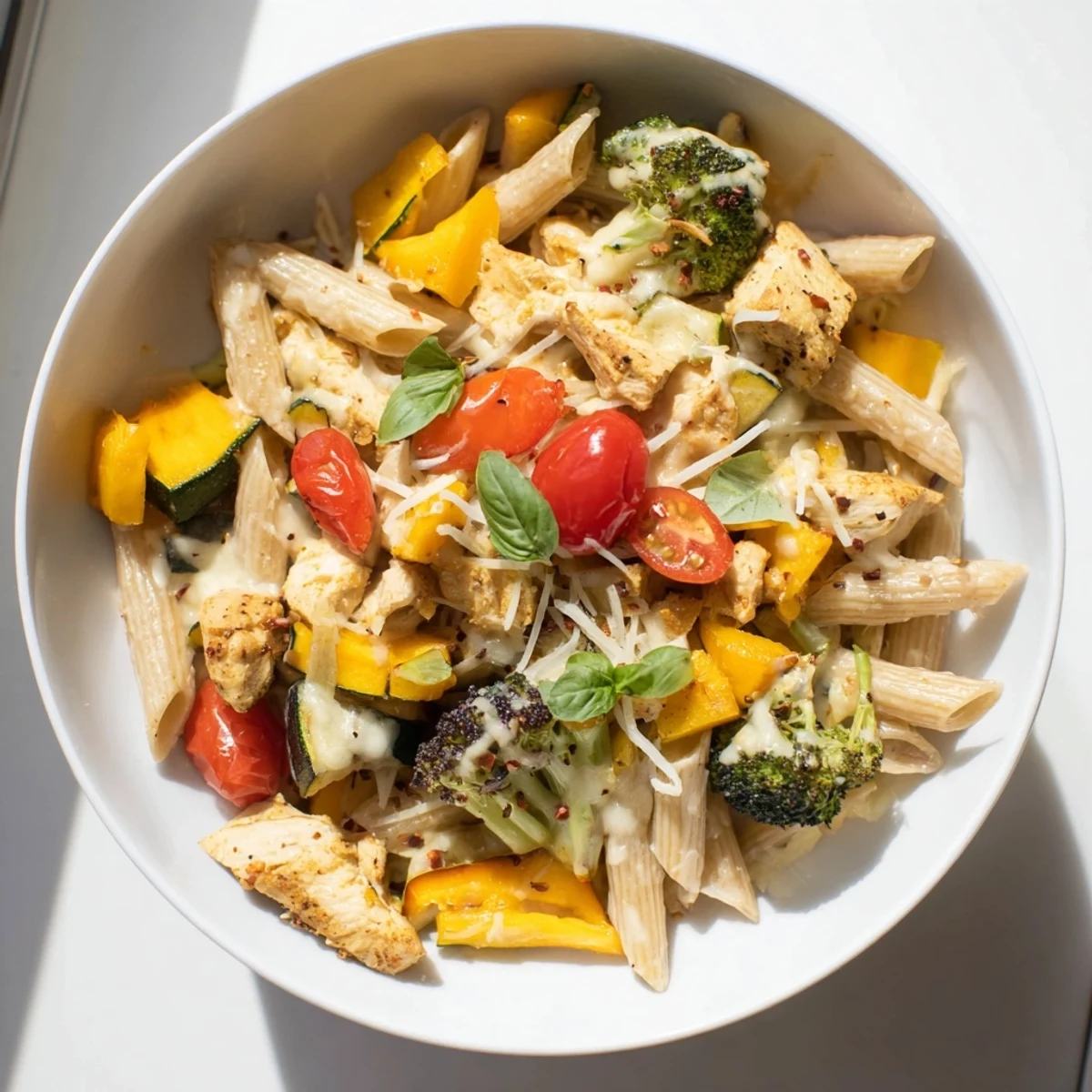 Steaming 5-4-3-2-1 Pasta Primavera piled high with chicken and colorful summer vegetables, ready to eat.