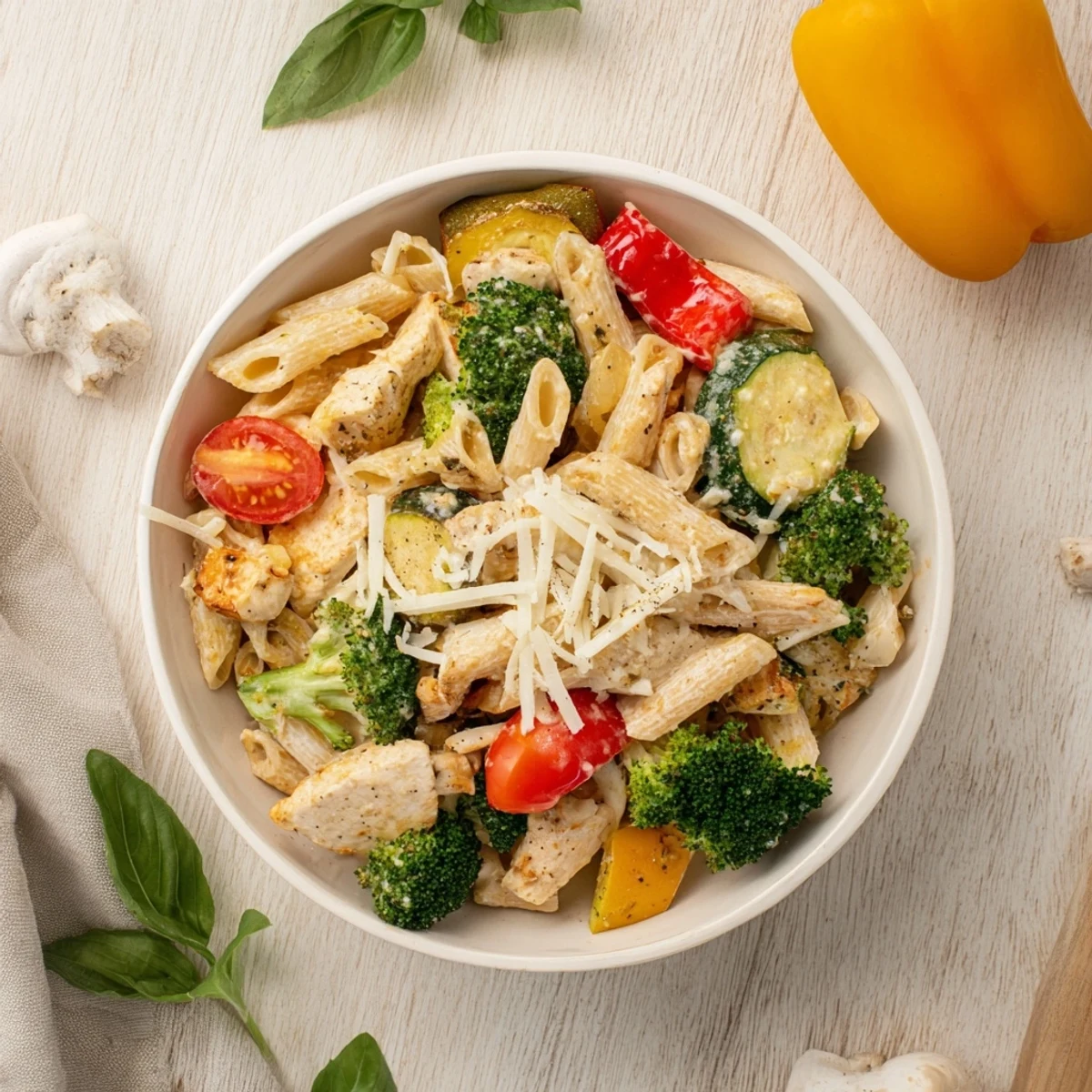 A delicious bowl of 5-4-3-2-1 Pasta Primavera featuring golden chicken and fresh, tender veggies.
