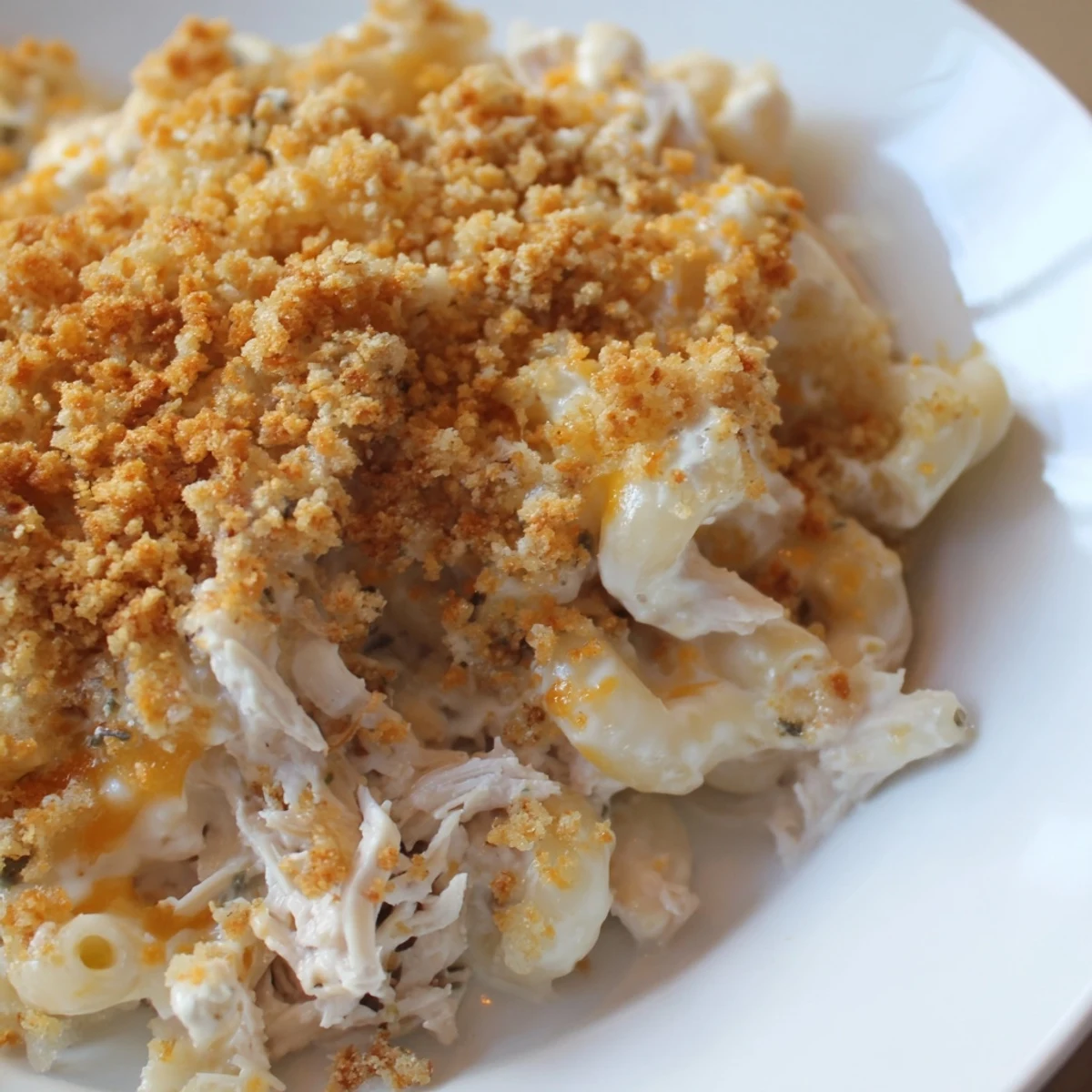 Golden-brown Struggle Meal Chicken Macaroni, a creamy comfort food pasta bake with bubbly cheese.