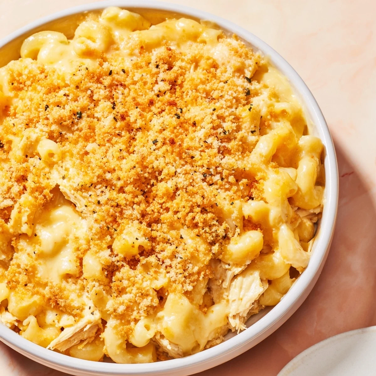 A close-up of a bubbling Struggle Meal Chicken Macaroni bake, ready to be served hot.