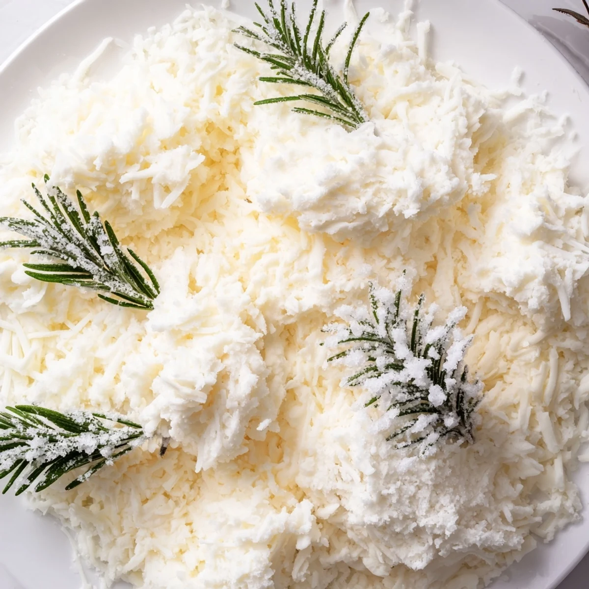 A visually arresting cheese board with sugared rosemary "frosted pines" and white cheddar snowdrifts.