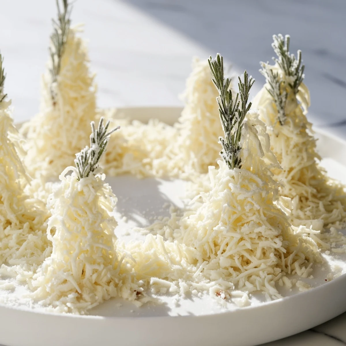 This festive Frosted Pine cheese platter showcases snowy white cheddar, almond pinecones, and rosemary sprigs.