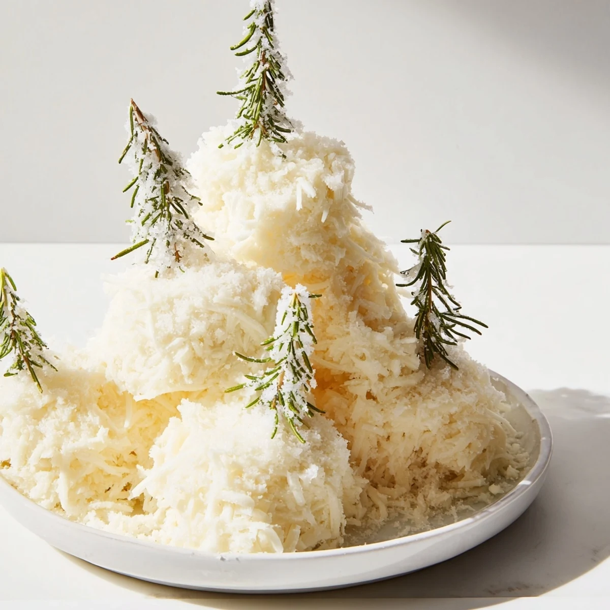 Perfect party appetizer, the Frosted Pine cheese board features cheese mounds with sugared rosemary "trees."