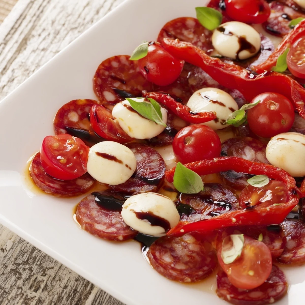 Crimson Tide appetizer with spicy chorizo, sweet cherries, and red peppers arranged on crackers.