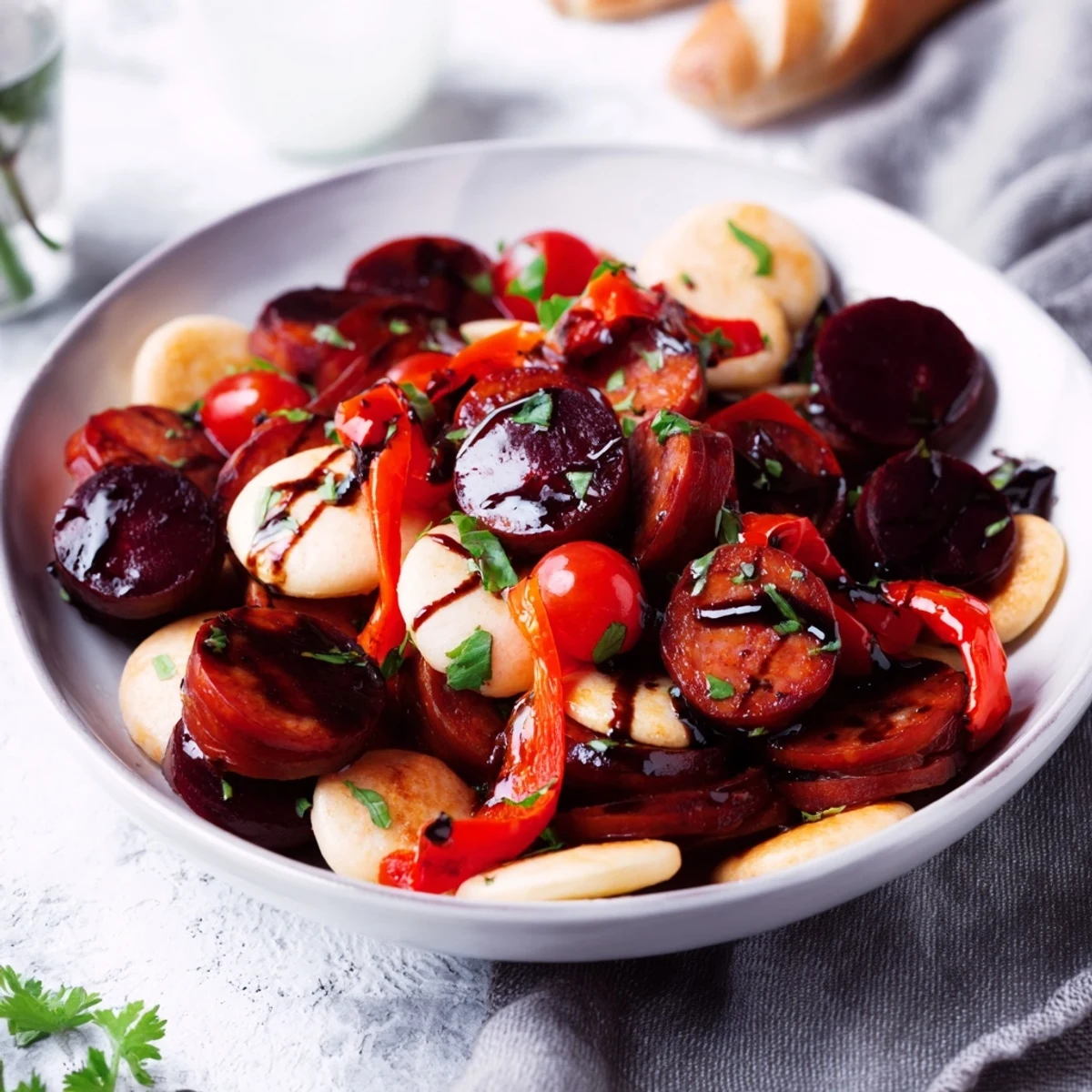 Elegant Crimson Tide appetizer, featuring layered chorizo and cherries, drizzled with olive oil and balsamic glaze.