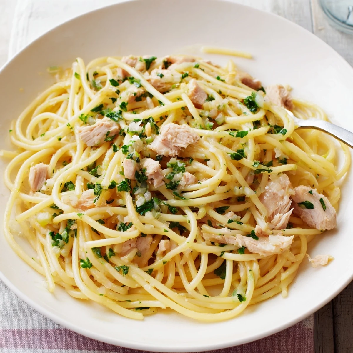 Steaming Simple Garlic Butter Bucatini with tender chicken breast ready to serve for dinner.