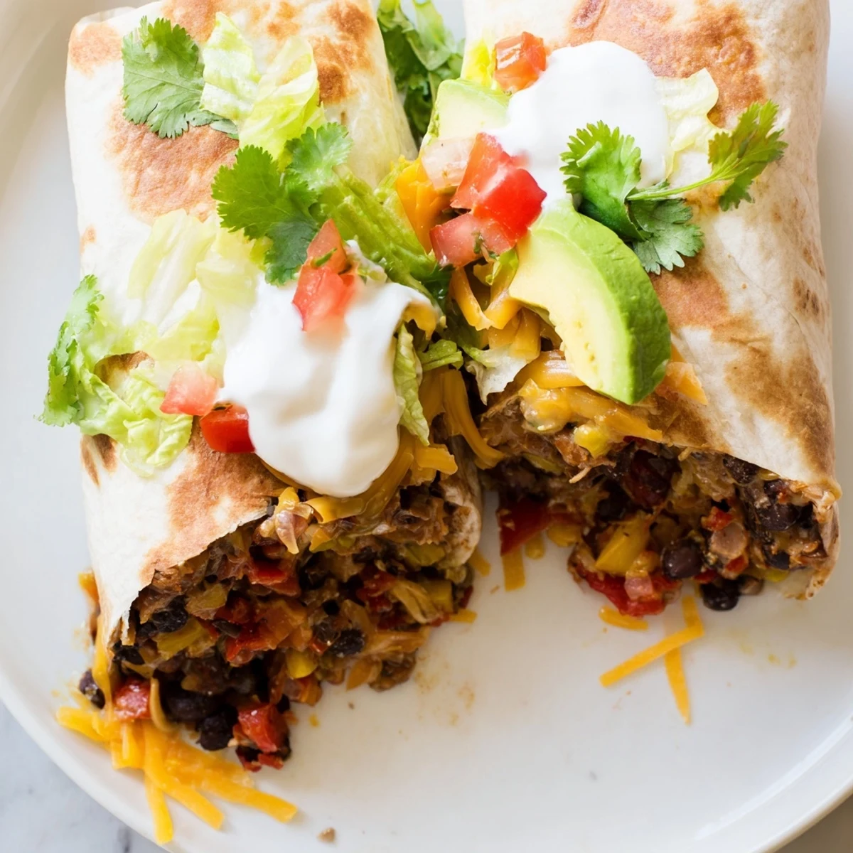 Steaming Smoky Black Bean Burrito, overflowing with cheese and fresh cilantro, ready to eat.