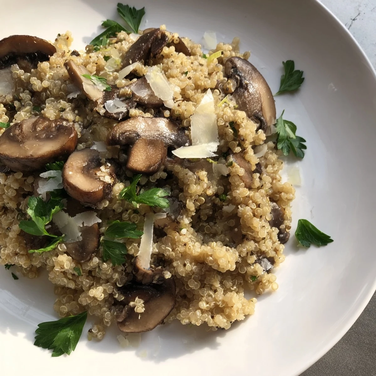Steaming bowl of creamy mushroom quinoa risotto, garnished with fresh parsley and Parmesan.