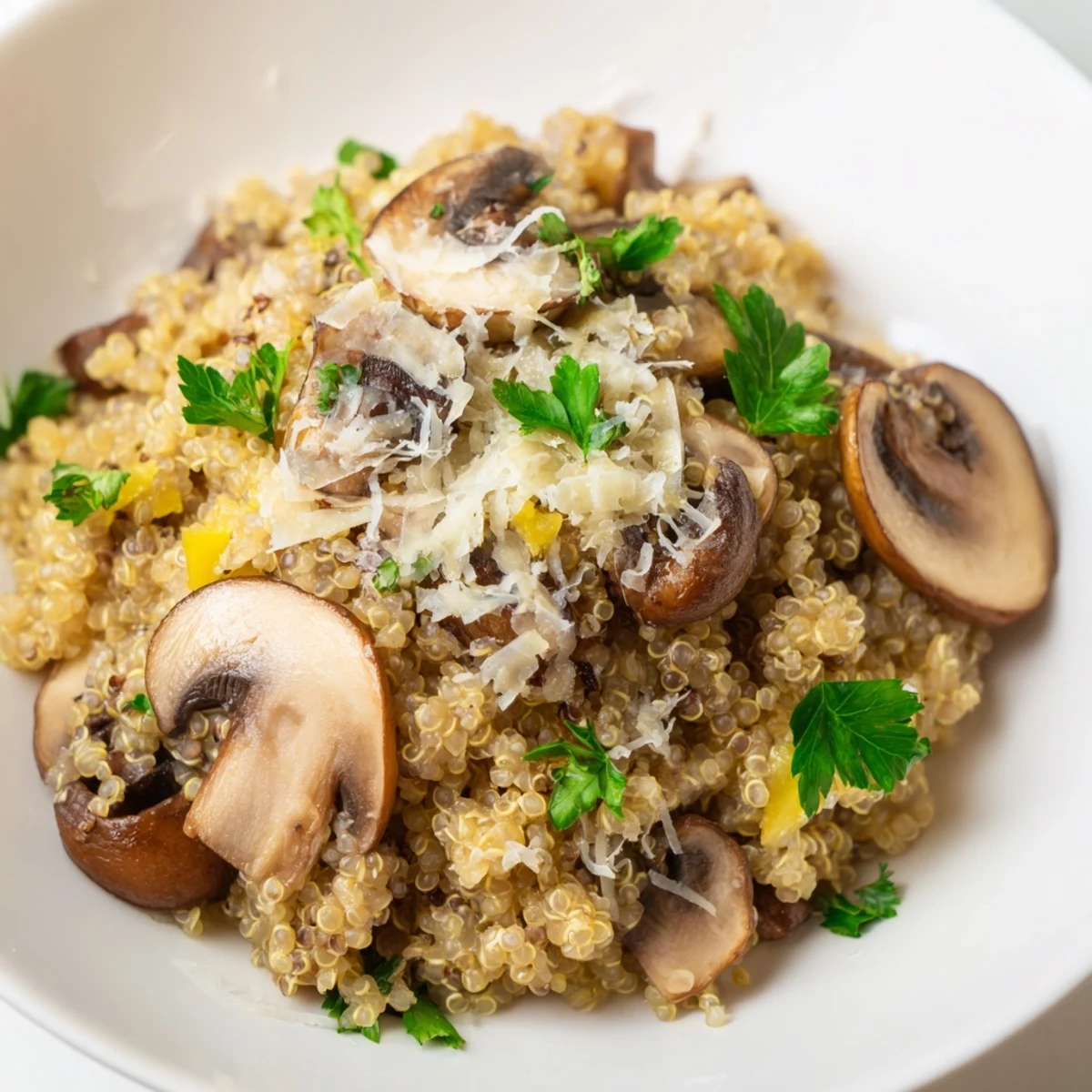 Close-up photo of the finished mushroom quinoa risotto, showcasing the rich, savory flavors.