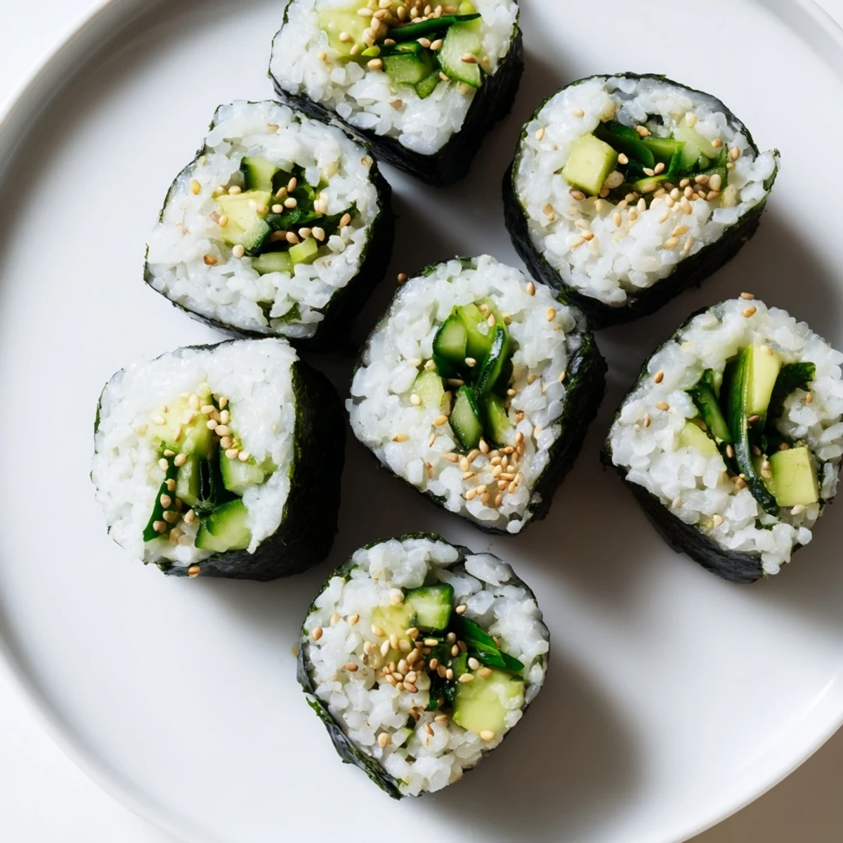 Vibrant green avocado cucumber sushi rolls offer a fresh, healthy bite, perfect for a light meal.