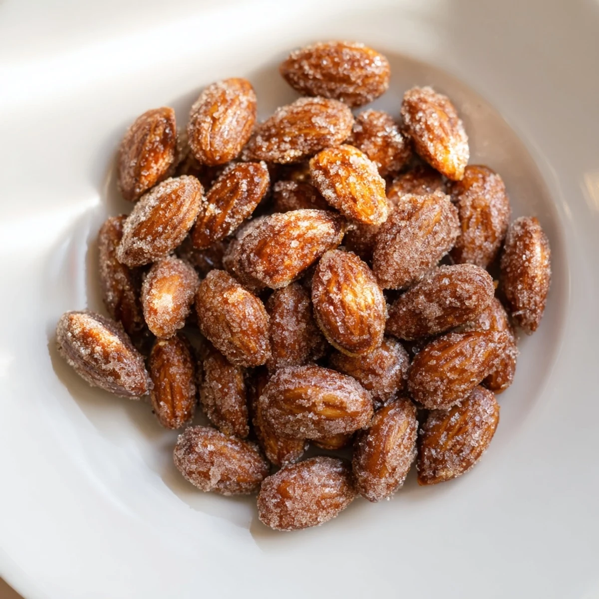 Golden, cinnamon-roasted almonds offer a sweet, crunchy bite, perfect for sharing as a snack.