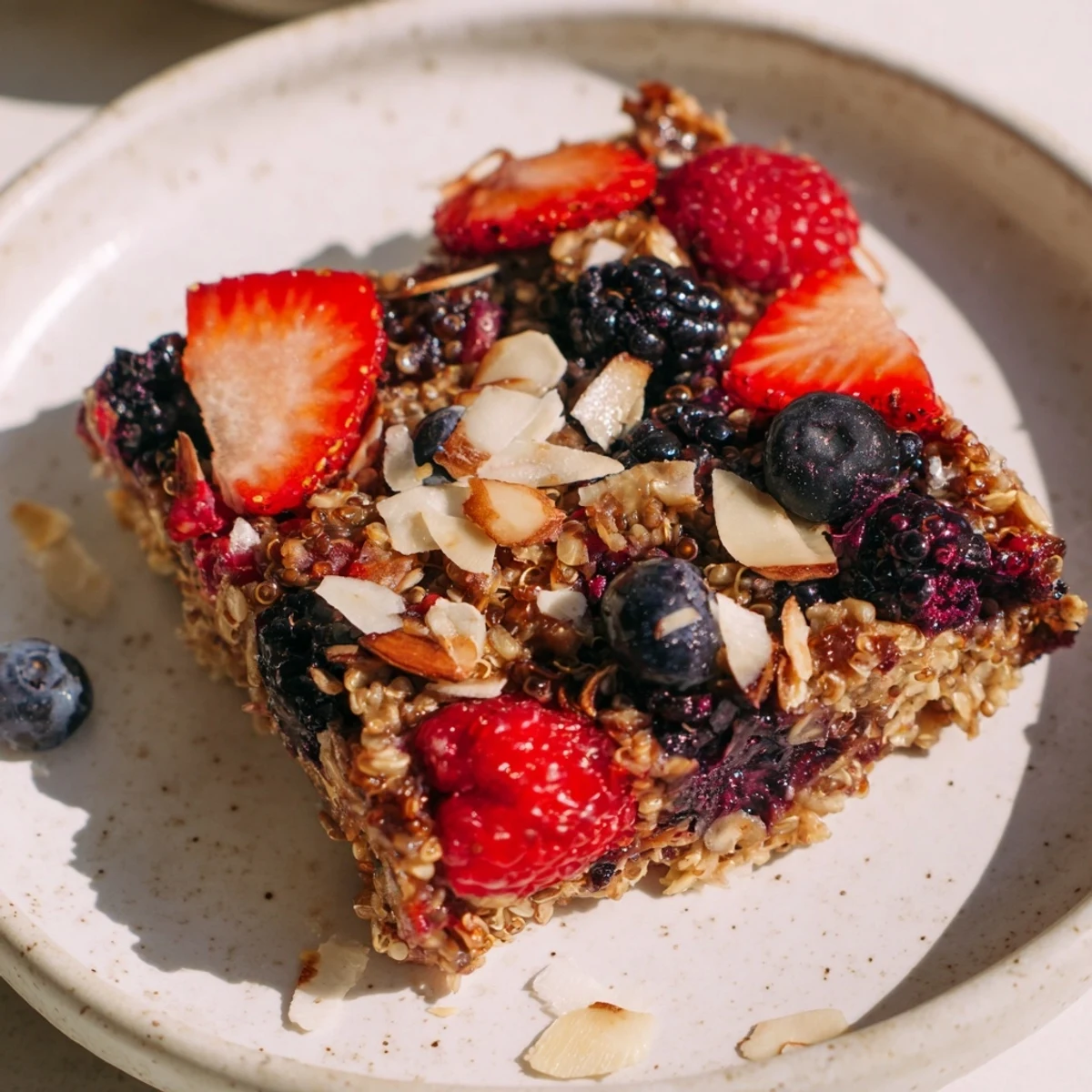 Warm Berry Quinoa Breakfast Bake, bursting with juicy berries and a golden, baked top, ready to serve.