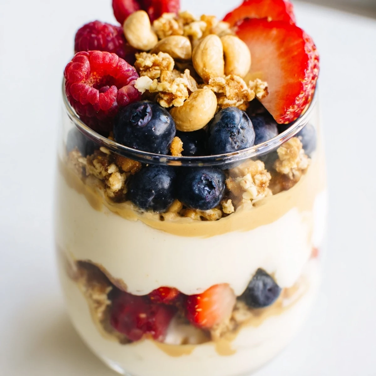 A visual delight: this Cashew Butter Yogurt Parfait showcases vibrant berries nestled in creamy layers.