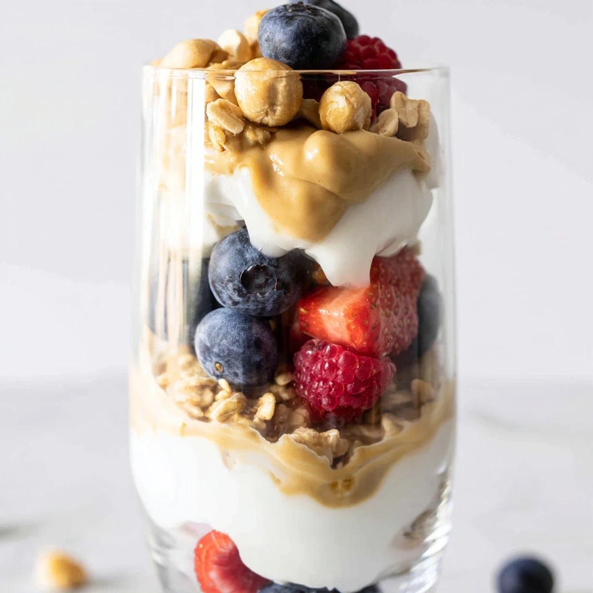 Cashew Butter Yogurt Parfait: layers of creamy yogurt, berries, and granola, a delightful, protein-packed breakfast.