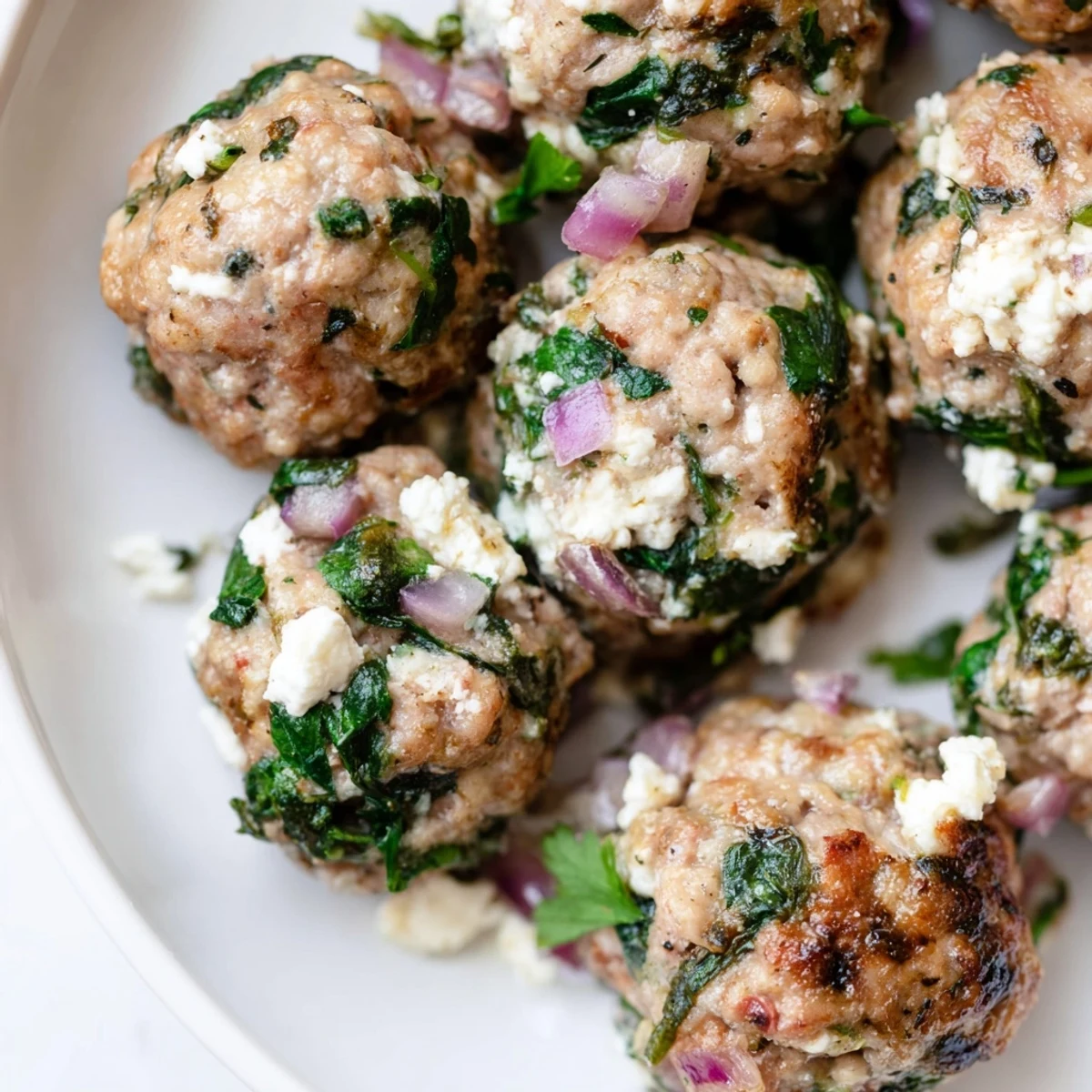 Baked Spinach Feta Turkey Meatballs served with a refreshing Greek salad, perfect healthy meal.