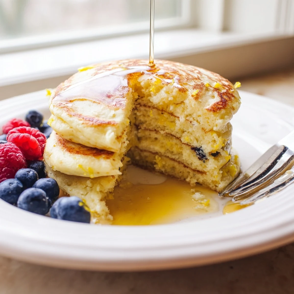 Golden-brown Lemon Ricotta Pancakes served on a plate with fresh berries and drizzled with syrup; a delicious brunch.