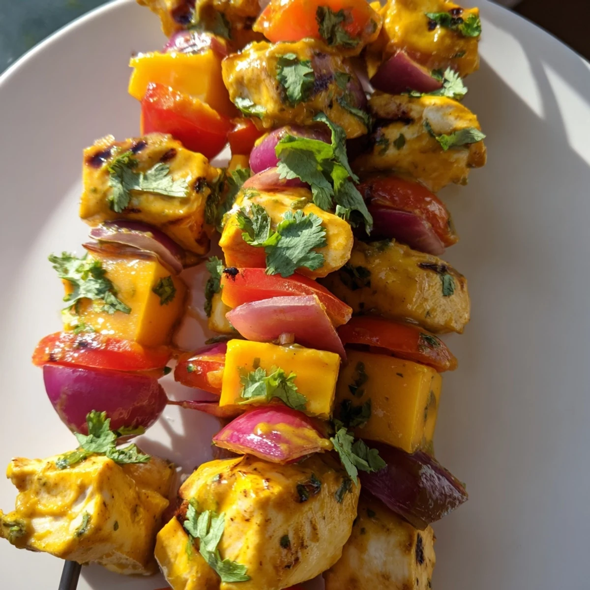 Brightly colored Mango Lime Chicken Skewers with charred chicken and fresh mango chunks ready to eat.